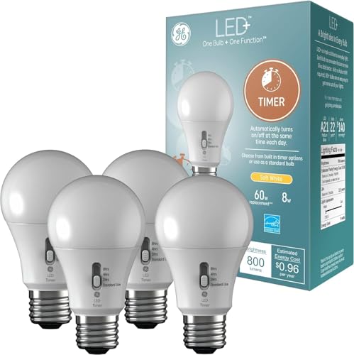GE LED+ Timer A19 LED Light Bulbs, Built-in Automatic Indoor Timer Light, 8W, Soft White (4 Pack)