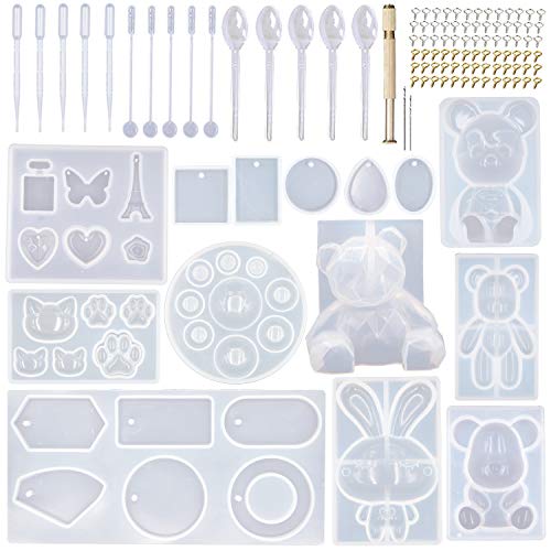 EuTengHao 132Pcs Animal Silicone Molds DIY Resin Casting Kit Contains 4 Bears 3D Bear Rabbit Cat Paw Mold Necklace Pendant Time Gem Eiffel Tower Jewelry Crystal