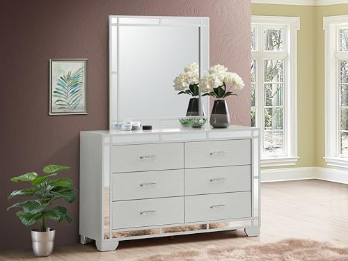 Silver Champagne Dresser with Croc Texture | Mirror & Faux Jeweled Handle | Glam Nightstand