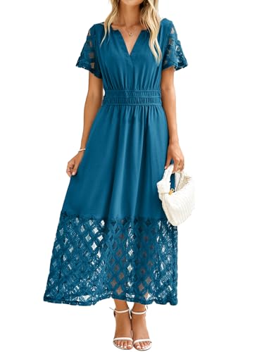Simplee Womens Summer Semi Formal Maxi Dresses Modest V Neck Short Sleeve Dress for Wedding Guest (Ink Blue XL)