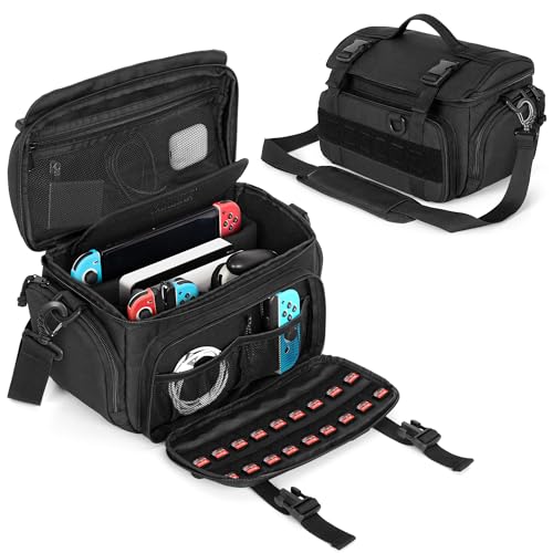 PGmoon Sling Carrying Case Compatible with Nintendo Switch/Switch 2/ASUS ROG Ally, Protective Tactical Shoulder Travel Bag with 18 Game Card Slots & Multi-Pockets for Dock, AC Adapter, Controllers