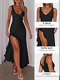 MIYIEONZ Women Sexy V Neck Sleeveless Mesh Ruffle Hem Bodycon Maxi Dress Casual Y2K Backless High Slit Cocktail Party Club Dress Black