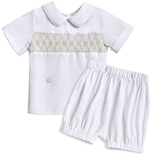 Booulfi Toddler Suit for Boys 18-24M Summer Boy Outfits White Linen Peter Pan Collar Shirt Short Set Gentleman Wedding Baptism Clothes