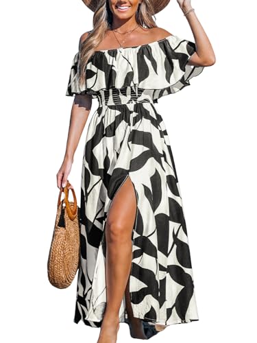 CUPSHE Women Ruffle Floral Maxi Summer Dress Off Shoulder Tube Short Sleeve Backless Flounce Bodice Slit Hem Beach Dresses, Black White L