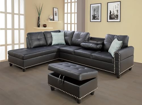 Wakefit Sectional Sofa Couch, Modern 4-Seaters Living Room Furniture Sets with Chaise Lounge, Ottoman & 2 Pillows | L Shape Couch | Cup Holder | Faux PU Leather, Black
