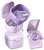 MURRI&MURRDI Retainer Case 2 Pack, Denture Case with Mirror, Denture Bath Box with Strainer Basket, Cute Denture Holder Storage Soak Container for Travel Cleaning, Braces Cleaner Kit (C Purple)