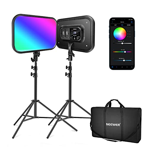 NEEWER 18.3" RGB LED Video Panel Light with App Control, 2 Pack Stand Kit, 360° Full Color/2500K~8500K/CRI97+/17 Scene Effects, 60W RGB168 Studio Lights for YouTube/Game Live Streaming/Photography