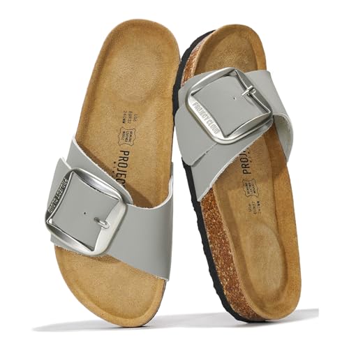 Project Cloud Genuine Leather Sandals Summer Beach Essentials - Flip Flops & Slides with Memory Foam Insole Womens Sandals Comfortable Women Footwear (Mykonos, Grey, 7)