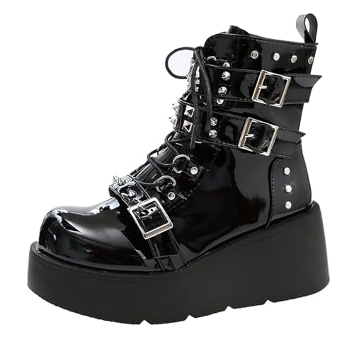 LETCLOCOM Women's Platform Gothic Ankle Booties With Adjust Studded Metal Buckle Fashion Y2k Zip Lace Up Wedge Thick Sole Punk Motorcycle Combat Short Boots (black,11,11)