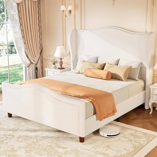 Koorlian King Size Bed Frame Chenille Upholstered Platform Bed with Headboard and Footboard, 51" High Deep Curved Tufted Wingback Upholstered Sleigh Bed Frame No Box Spring Needed/Easy Assembly, Cream