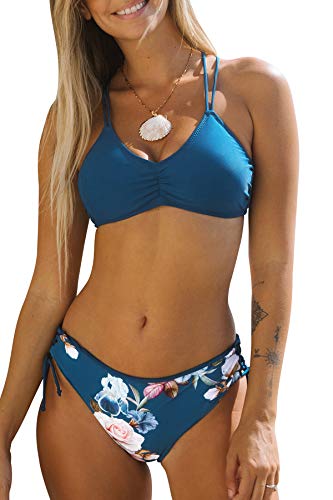 CUPSHE Women's Bikini Swimsuit Striped Reversible Bottom Lace Up Two Piece Bathing Suit S Navy Blue