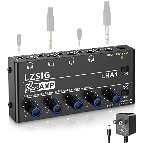 LZSIG Headphone Amplifier 4 Channel Metal Stereo Audio Amplifier, Mini Earphone Splitter with Power Adapter, 1/4" & 1/8" TRS Headphones Output and TRS Audio Input, DC 12V
