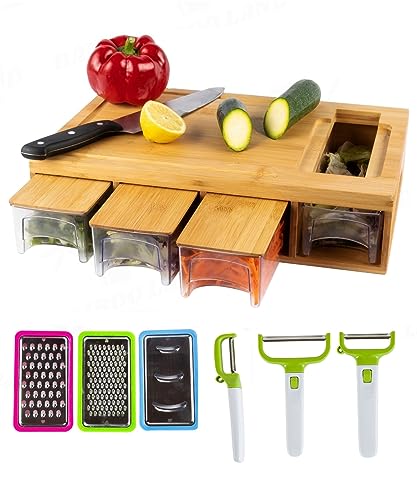 Bamboo Land- Large Bamboo Cutting Board with Containers & Vegetable Peeler Set, Cutting Boards for Kitchen with Holder, Chopping Board, Bamboo Cutting Boards for Kitchen, Wood Cutting Board