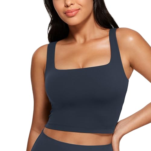 CRZ YOGA Butterluxe Womens Square Neck Longline Sports Bra - Workout Crop Tank Tops Padded Yoga Camisole with Built in Pads True Navy Medium
