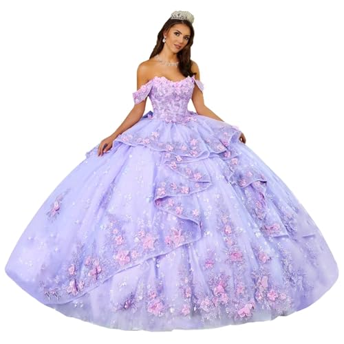 DXUOPL Lavender Quinceanera Dresses Beaded Lace Appliques Ball Gown Sweety Sweetheart 15 Dresses for Quinceanera Puffy Tulle Quince Dresses for Sixteen Size 6