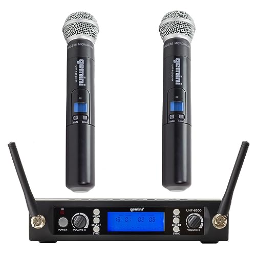 Gemini Sound UHF-6200M Wireless Mic System – UHF Receiver with Selectable Frequencies, Dual Handheld Mics, 150ft Range, LCD Display, Clear Audio for Performers, Churches, Weddings & Events