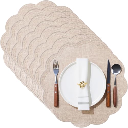 Gandeer 12 Pcs Round Flower Shape Waterproof Placemats, PU Leather Washable Table Mats Non-Slip for Kitchen Dining Table Decoration (Beige)