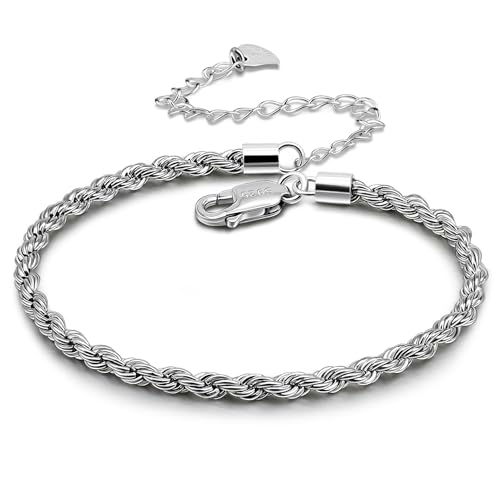 Dankadi 925 Sterling Silver Anklets Bracelet Women/Men Waterproof Simple Durable Chopin Chain/Cuban Link/Figaro/Box/Twist Rope Chain For Beach Foot Jewelry Gift (3MM Twist Rope Chain, 30cm)