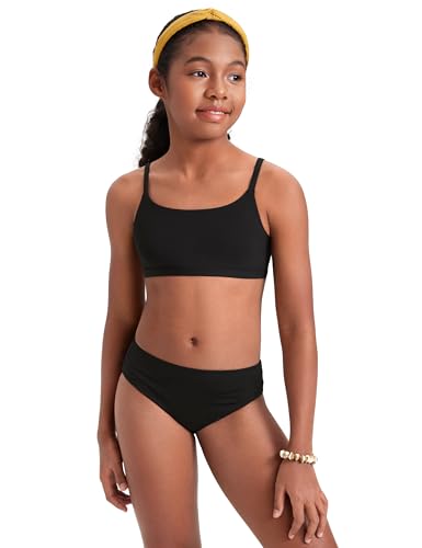 CRZ YOGA Girls Swimsuit 2 Piece Bikini Set - Scoop Neck Adjustable Straps Padded Tops and Bottoms Beach Sports Bathing Suit Black Small