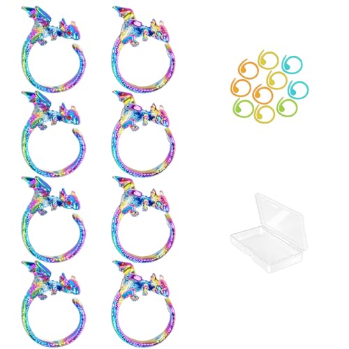 JHGCVX 8 PCS Dragon Crochet Tension Rings and 10PCS Metal Spiral Stitch Markers for Knitting with Storage Box,Adjustable Dragon Crochet Tension Ring for DIY Crocheting and Sewing Crafts