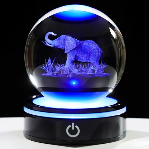 YWHL 3D Elephant Figurine Crystal Ball with Colorful Light Base, Elephant Gift for Women and Men on Christmas or Birthday, 3D Laser Engraved Full Sphere Glass Decorative Ball for Home or Office (80mm)