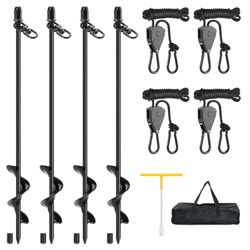 Tent Stake Heavy Duty Kit for High Winds, 4 Pack 17.7" Ground Anchors Screw-in, with Retractable Tie-Down Straps Ropes, Earth Anchors Kit for Campers, Temporary Tents, RV, Awning, Gazebos,Carport