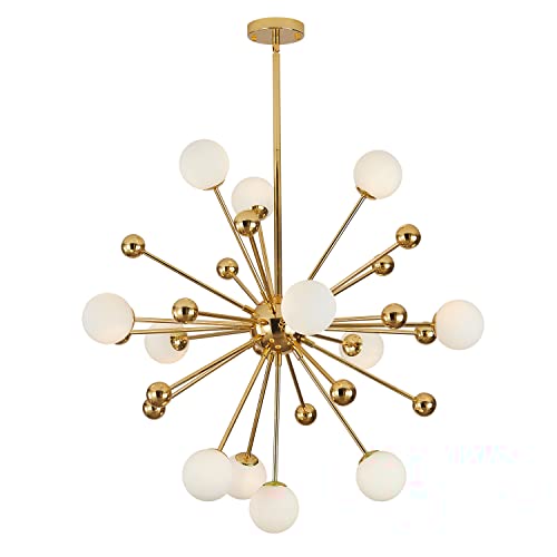 KCO Lighting Modern Gold Sputnik Chandelier 12-Light Milk Glass Globe Pendant Light Fixture Mid Century Starburst Chandelier Contemporary Dining Lights Ceiling Hanging Lamp (12-Light)