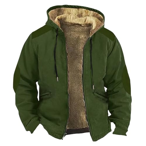 Mens Classic Fit Sherpa Suit Jacket With Hood - Winter Quilted Fleece Zip Up Graphic Hoodie - Streetwear Fall Cardigan Sweater With Pockets - Army Green XL