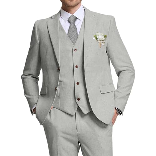 High-End Suits for Men Linen 3 Pieces Grey Wedding Men Suits Slim Fit Nothched Lapel Groomsmen Suit 2025 M