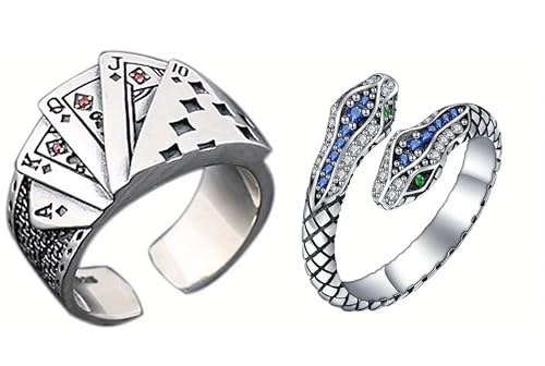 2-Pack Adjustable Vintage Rings – Sterling Silver Poker Card Ring + Snake-Shaped Punk Ring, Gothic Unisex Jewelry Set for Men & Women, Festival & Party Accessories - Random Color and Design
