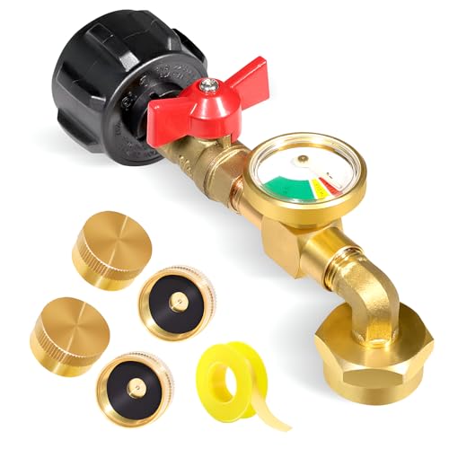 Propane Refill Adapter for 1lb. Tanks, 90 Degree Propane Adapter 20lb to 1lb Converter with Gauge and Control Valve for Propane Tank, Heater, Grill Stove, 4 Caps Included, Solid Brass