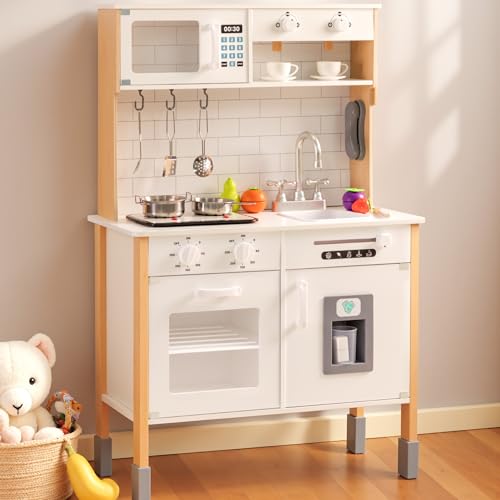 PHGLL Play Kitchen for Kids Wooden Kitchen Toy Playset w/Light and Clicking Knobs, Chef Pretend Play Set w/Microwave, Oven, Coffee Machine, Ice Maker, Telephone, Toy Kitchen Set for Toddlers (White)