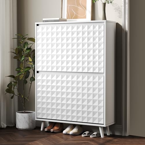 HOTAMO Shoe Storage Cabinet - Shoe Cabinet Storage, Shoe Rack with Diamond Pattern Panel, Shoe Organizer with 2 Flip Drawers, Free Standing Shoe Racks for Front Door Entrance, Hallway (White)