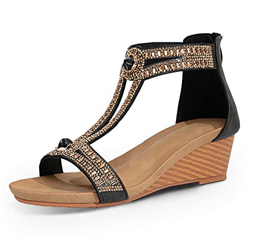 FRALOSHA Wedge Sandals for Women Open Toe Casual Summer Roman High Heel Breathable Beach Sandals Black 7