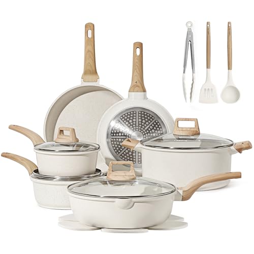 CAROTE 16 Piece Pots and Pans Set Nonstick, White Granite Cookware Sets Induction Cookware, Non Stick Cooking Set w/Frying Pans & Saucepans (PFOS, PFOA Free)