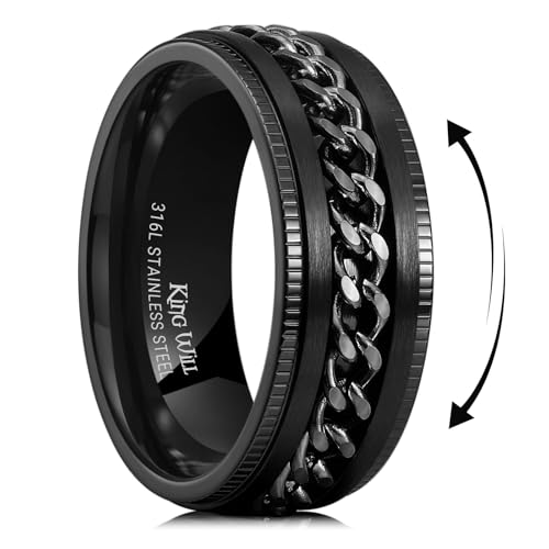 King Will Stainless Steel Men's Ring-Black Men Chain Fidget Spinner Ring, 316L Stainless Steel Anxiety Ring for Men Women with Stress Free, Cool Wedding Band Comfort Fit Size 10