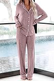 Aamikast Women's Two-piece Classic knit Pajama Sets Long Sleeve Button Down Sleepwear (M, Pink)