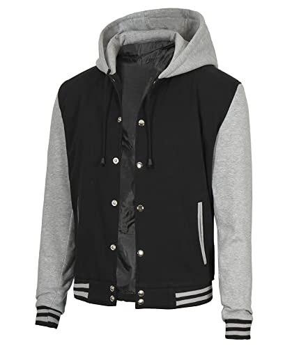 Decrum Hooded Varsity Jacket Men - High School Letterman Bomber Style Baseball Jackets for Men (N) | [40071042] Gray Sleve, S