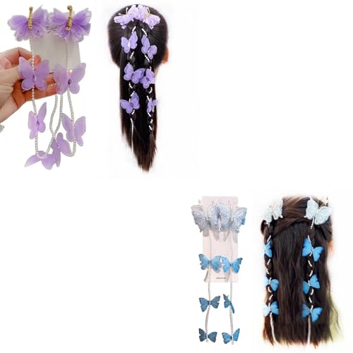 iRIIRIO 4pcs Large Butterfly Hair Beads Tassel Clips Cute Alligator Barrettes Hairpin Accessories for Girls Kids Birthday Gift Daily Wearing (Blue+Purple)