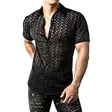 JOGAL Mens Floral Lace Shirt See Through Casual Button Down Shirts BlackWave Large