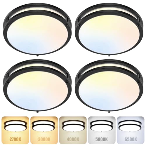 4-Pack 36W LED Flush Mount Lights, 3200LM Black Ceiling Fixtures, 5 Color in One (2700K/3000K/4000K/5000K/6500K), 12'' Modern Round Ceiling Lamp for Kitchen, Hallway, Stairwell, Offices