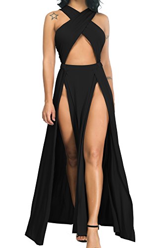 Velius Women Sexy Hollow Out Halter Wrap Sleeveless Plain Pleated Slit Casual Long Maxi Dress (Large, Black)