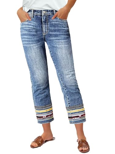 Flamingals Straight Leg Cropped Jeans for Women Trendy Mid Rise Stretchy Tribal Embroidery Raw Hem Ankle Jeans Classic Blue XL