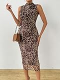 Milumia Women's Leopard Print Bodycon Midi Dress Mesh Sleevelss Mock Neck Long Dress