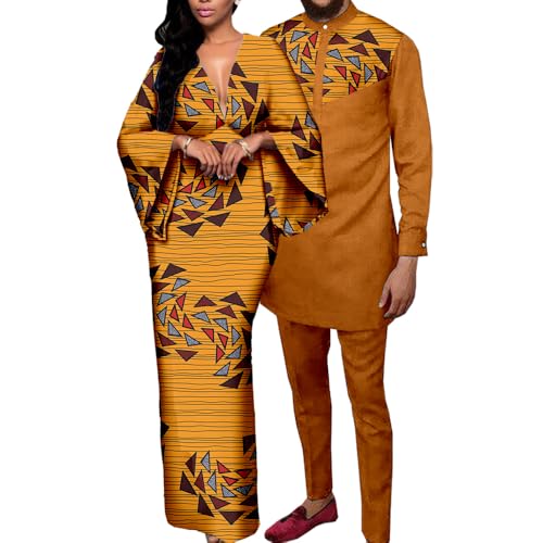 SkyWish African Sexy Women Print V-neck Long Dresses Matching Clothes Couple Outfits Dashiki Men Outfits Shirt and Pant Sets 649 XL Women