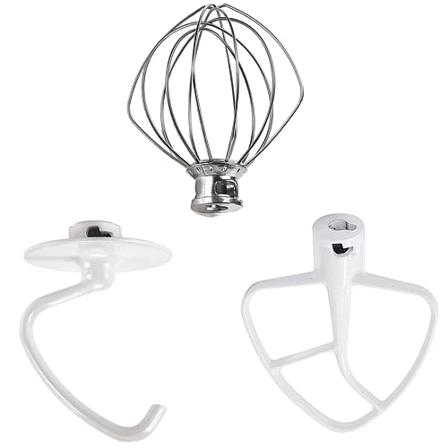 Stand Mixer Attachments 3-Piece Kit -Replace for Kitchen aid Accessories K45WW Wire Whip/ K45DH Dough Hook /K45B Coated Flat Blade Paddle with Scraper -Stainless Steel by TOMOON