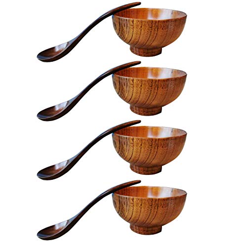 Wood Bowl Japanese Style Solid Wood Bowl Serving Tableware for Rice, Soup, Dip, Coffee, Tea, Decoration 4 Pcs (4 bowls + 4 spoons)