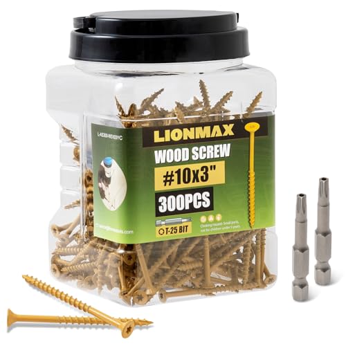 LIONMAX Deck Screws 3 Inch, Wood Screws #10 x 3, 300 PCS, Rust Resistant, Exterior Epoxy Coated, Outdoor Decking Screws, Torx/Star Drive Head Deck Screw, T25 Star Bit Included, Tan