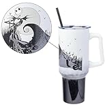 Silver Buffalo Disney Nightmare Before Christmas by Tim Burton Jack Skellington Hill and Moon Stainless Steel Tumbler with Handle and Straw, Fits in Standard Cup Holder, 40 Ounces