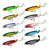 RTGSE 10Pcs Whopper Fishing Lure for Bass Popper Top Water Fishing Lures with Floating Rotating Tail Barb Treble Hooks in Saltwater Freshwater Plopping Lures Kit